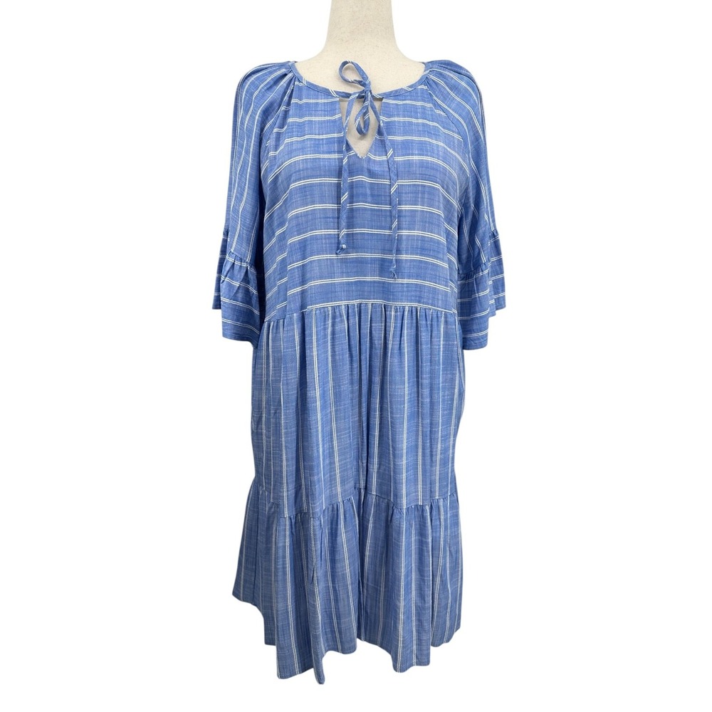 Signature by Robbie Bee Dress Blue & White Stripe Tiered Midi 3/4 Sleeves XL NWT
